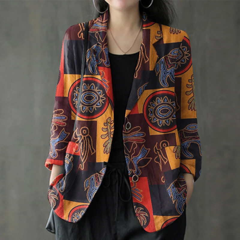 ZANZEA Womens Ethnic Prints Blazer Vacation Thin Suit Coat Retro Lapel Cotton Linen Printing Long Sleeve Blazer (image for) ZANZEA Womens Ethnic Prints Blazer Vacation Thin Suit Coat Retro Lapel Cotton Linen Printing Long Sleeve Blazer